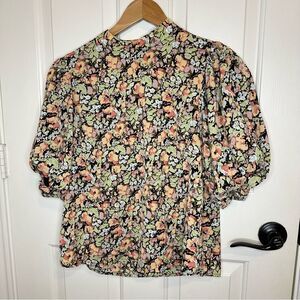 THML Black Multicolor Floral Puff Sleeve Blouse M Cottage Prairie Western Boho